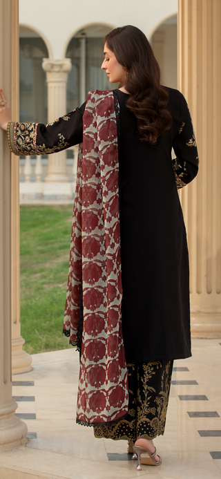 Black 3pc Readymade Lawn Suit with Heavy Stiching