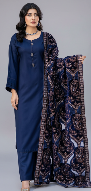 Navy Dhanak 3pc Suit with Heavy Cutwork Shawl