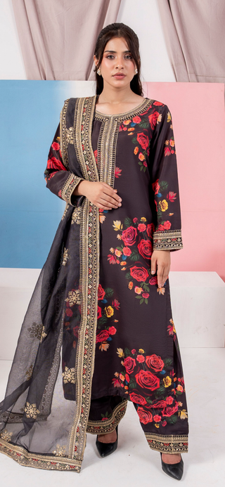Black 3pc Cotton Suit with Heavy Embroided Duppata