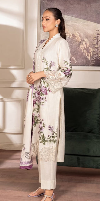 Cream/Purple Floral 3pc Lawn Suit