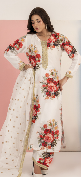 White 3pc Cotton Suit with Heavy Embroided Duppata