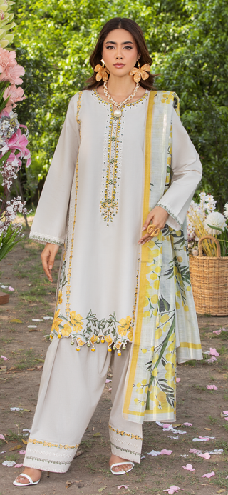 Cream Sunflower Embroidery Farshi Suit