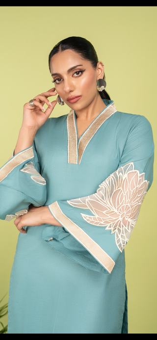 Sky 2pc Readymade Cotton Suit with Organza