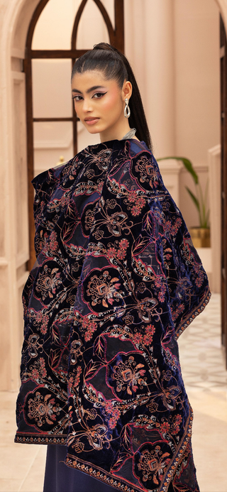 Navy Dhanak 3pc Suit with Heavy Cutwork Shawl