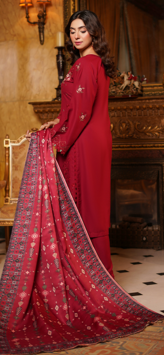 Red Embroided 3pc Linen Suit