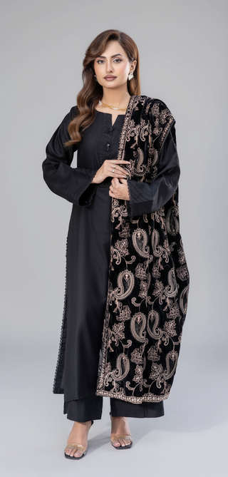 Black Dhanak 3pc Suit with Heavy Cutwork Shawl