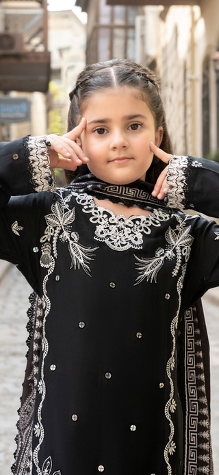 Black 3pc Mother & Daughter Winter Linen Suit