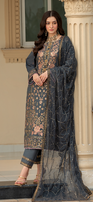 Grey 3pc Readymade Lawn Suit With Contrast Stitching