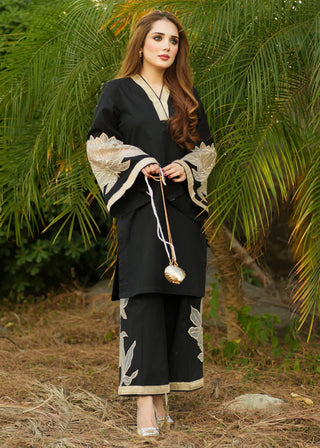 Black 2pc Readymade Lawn Suit with Organza