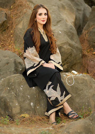 Black 2pc Readymade Lawn Suit with Organza