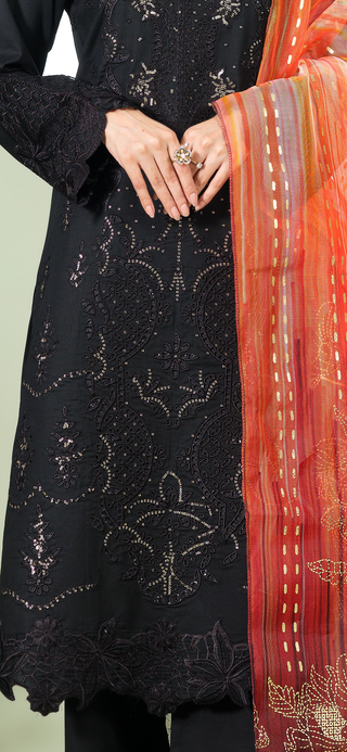 Black 3pc Viscose Suit with Embroidery