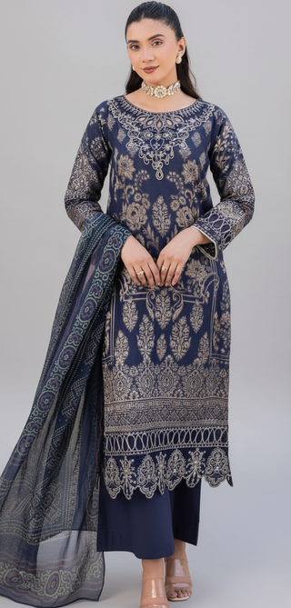 Navy 3pc Jacquard Lawn Suit with Organza Detailing