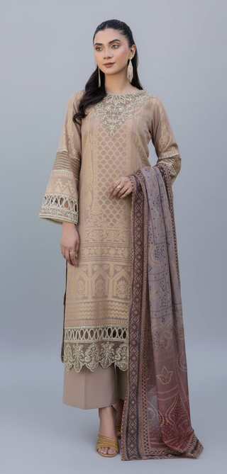 Beige 3pc Jacquard Lawn Suit with Organza Detailing
