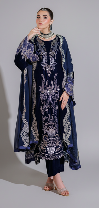 Navy 3pc Velvet Suit with intricate detailing