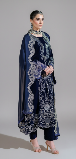 Navy 3pc Velvet Suit with intricate detailing