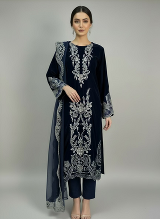 Navy 3pc Velvet Suit with intricate detailing