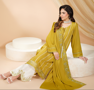 Mustard 3pc Dhanak Suit with Shawl