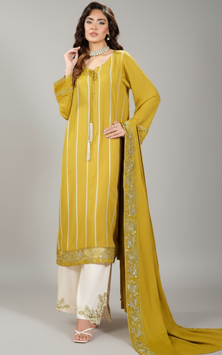Mustard 3pc Dhanak Suit with Shawl