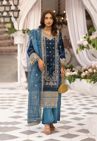 Teal 3pc Velvet Suit with Thread Embroidery