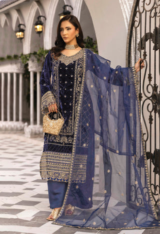 Navy 3pc Velvet Suit with Thread Embroidery