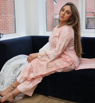 Peach 3pc Readymade Cotton Suit with Pearl Detailing