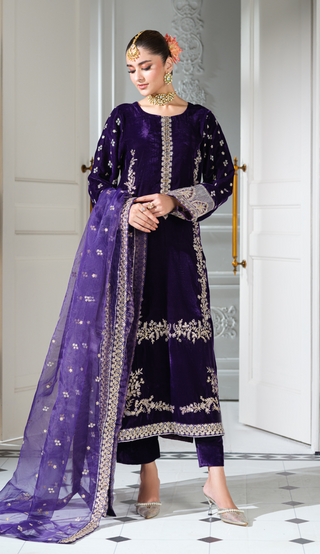 Purple 3pc Velvet Suit with Shawl