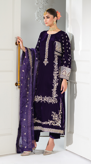 Purple 3pc Velvet Suit with Shawl