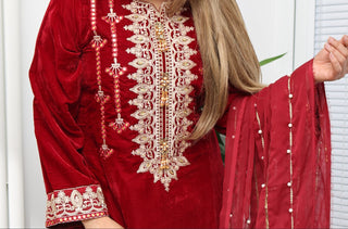 Red 3pc Velvet Suit with Chiffon Dupatta