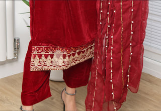 Red 3pc Velvet Suit with Chiffon Dupatta