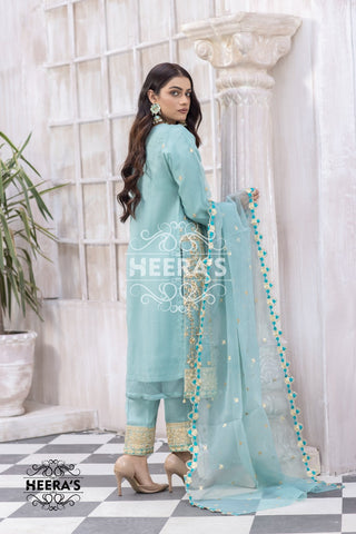 Baby Blue Party-wear Organza Suit