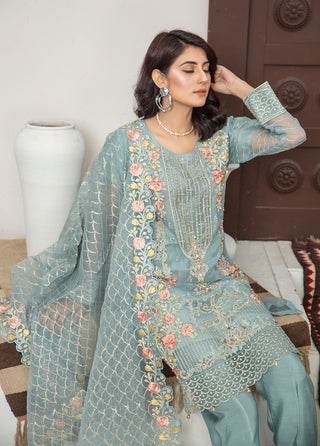 Turquoise Party-wear Organza Suit
