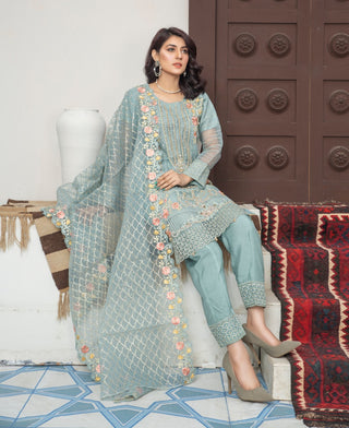 Turquoise Party-wear Organza Suit