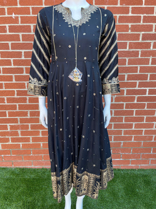Black Lawn Dress with Gold Thread Work