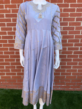 Grey Lawn Dress with Gold Thread Work