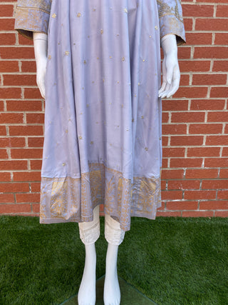 Grey Lawn Dress with Gold Thread Work