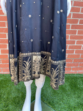 Black Lawn Dress with Gold Thread Work