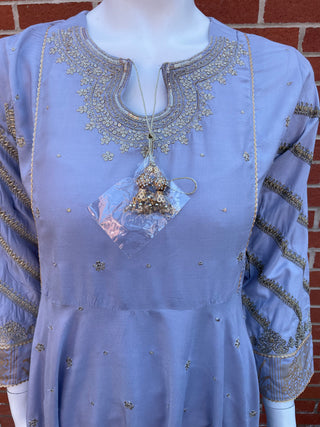 Grey Lawn Dress with Gold Thread Work